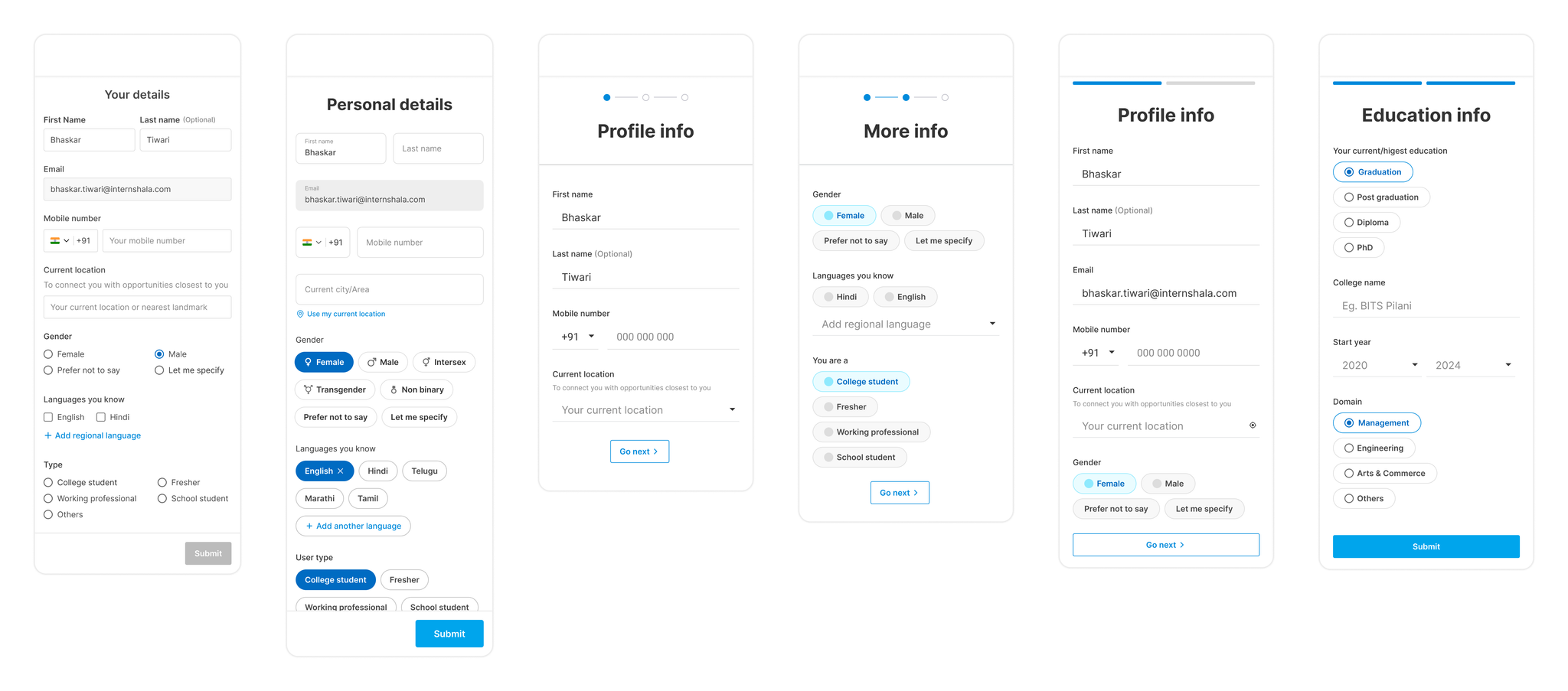 Wireframing and form-filling element experimentation