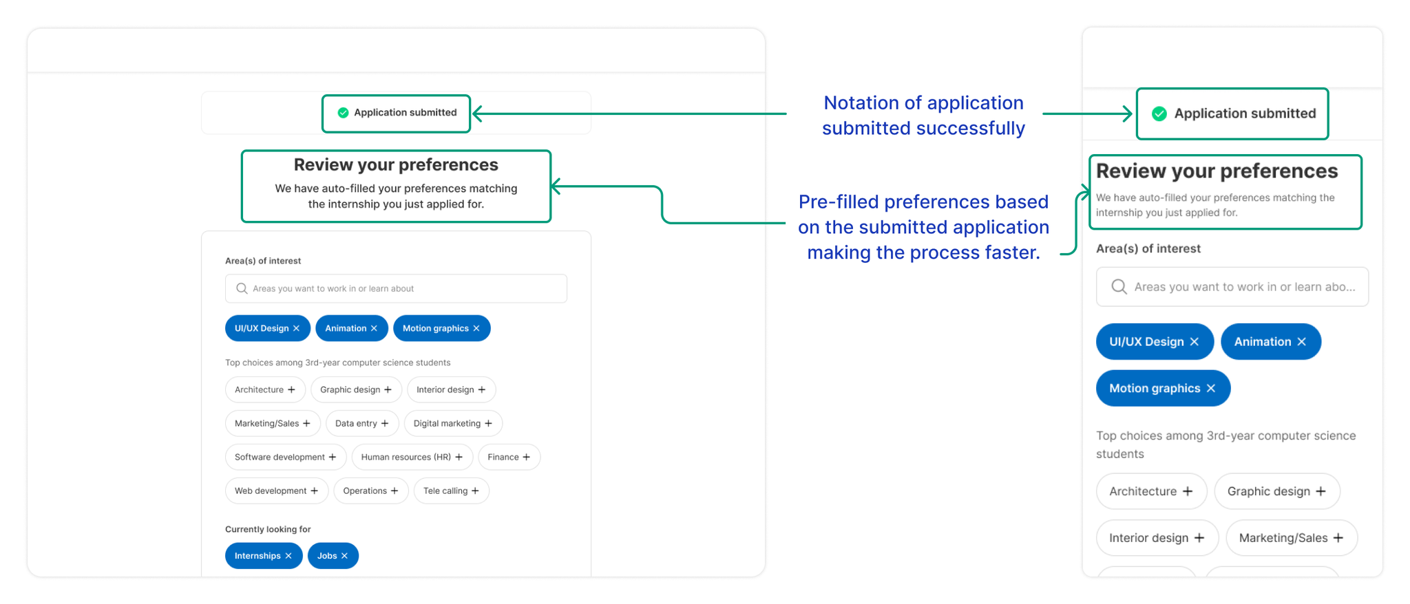 Application submitted with pre-filled preferences