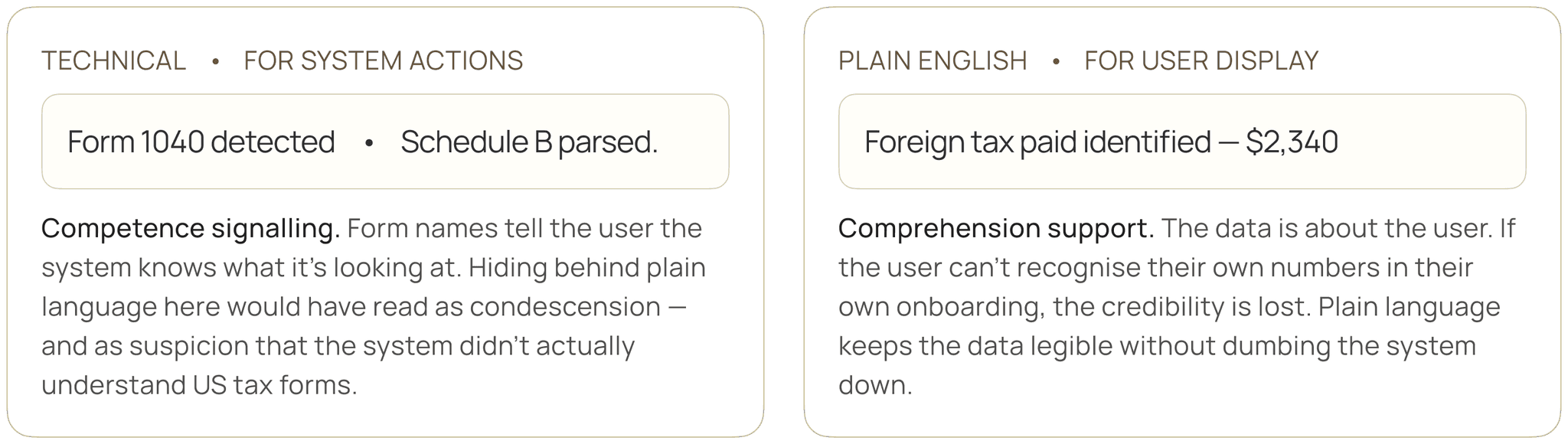Technical form names beside plain-English user data
